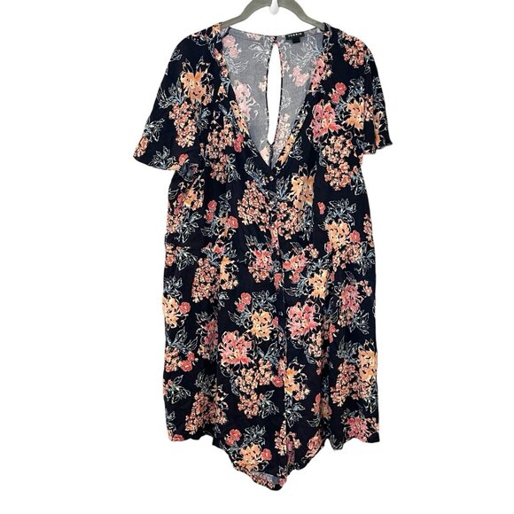 Torrid Navy Blue Floral V‎ Neck Button Front Romper Women’s Plus Size 2X NO BELT - Picture 1 of 7